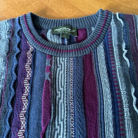 Vintage Norm Thompson Striped Grandpa Sweater Mens Size Large Purple Textured - Picture 5 of 12